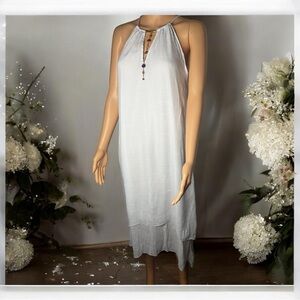 MLLE Gabrielle white maxi dress gold neck tassel embellishment lined lightweight